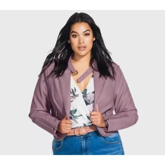 City Chic Faux Leather Moto Jacket‎ Cropped Mauve Buckle Detail Woman's  L/20 - Picture 1 of 15